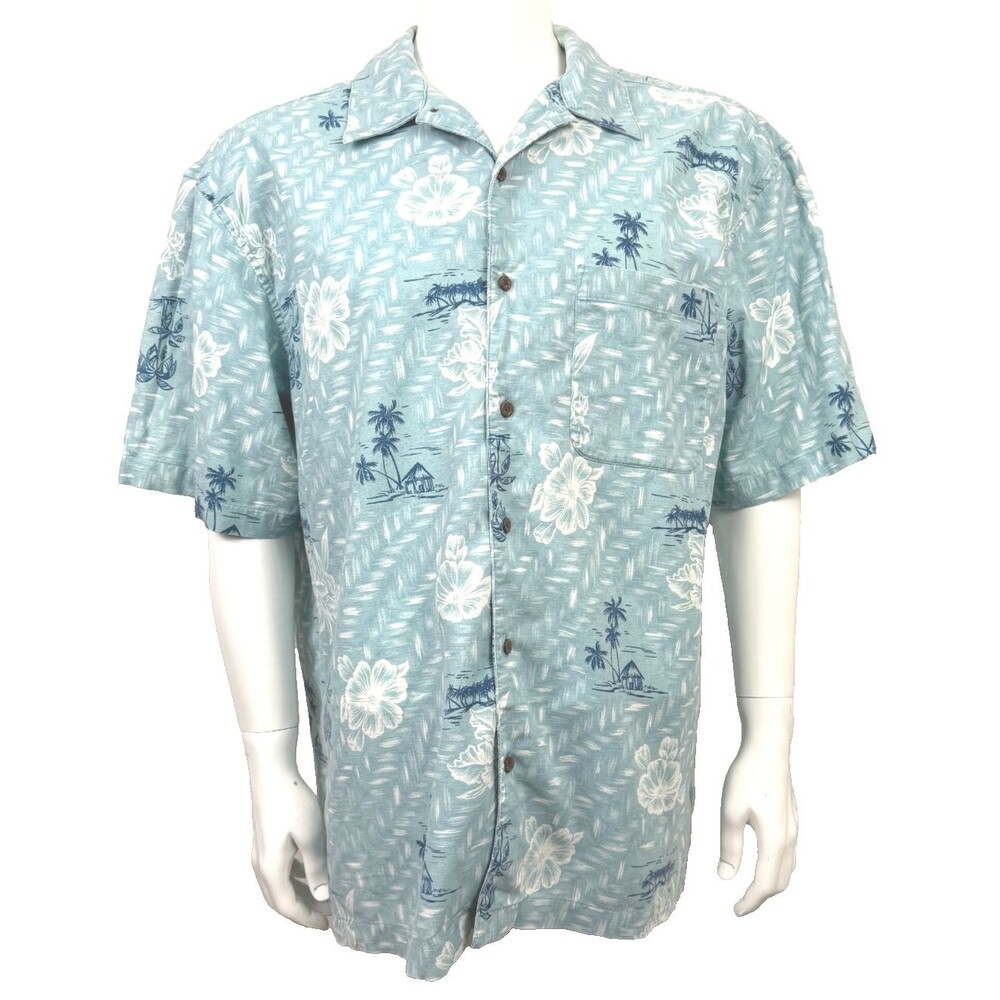 Vintage Hawaiian Shirt L Blue Island Palm Tiki Hut Plumeria Linen‎ High Sierra